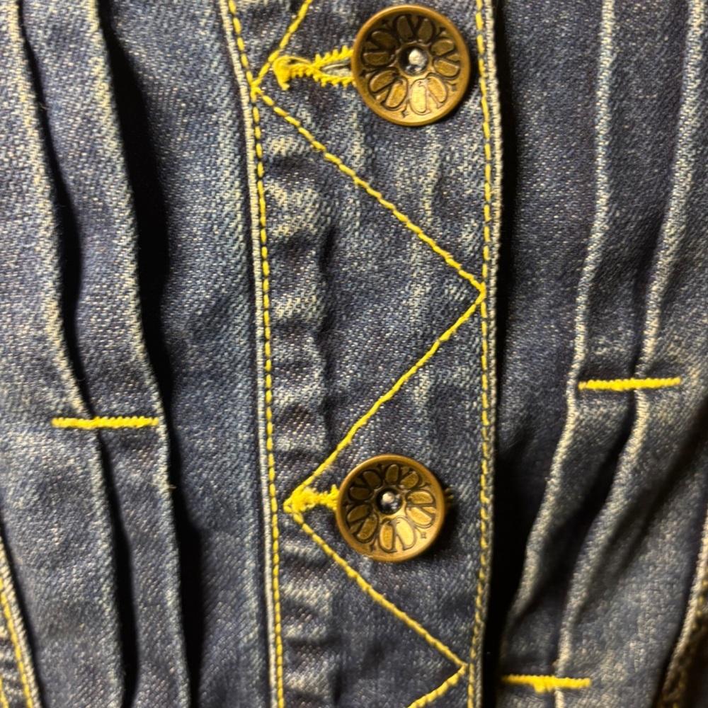 Democracy Distressed Denim Jacket with Yellow Stitching and Bronze hardware EUC - Picture 4 of 11